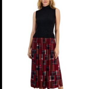 Tommy Hilfiger Women's Mock Neck Plaid-Dress Skirt Sleeveless Black scarlet Med